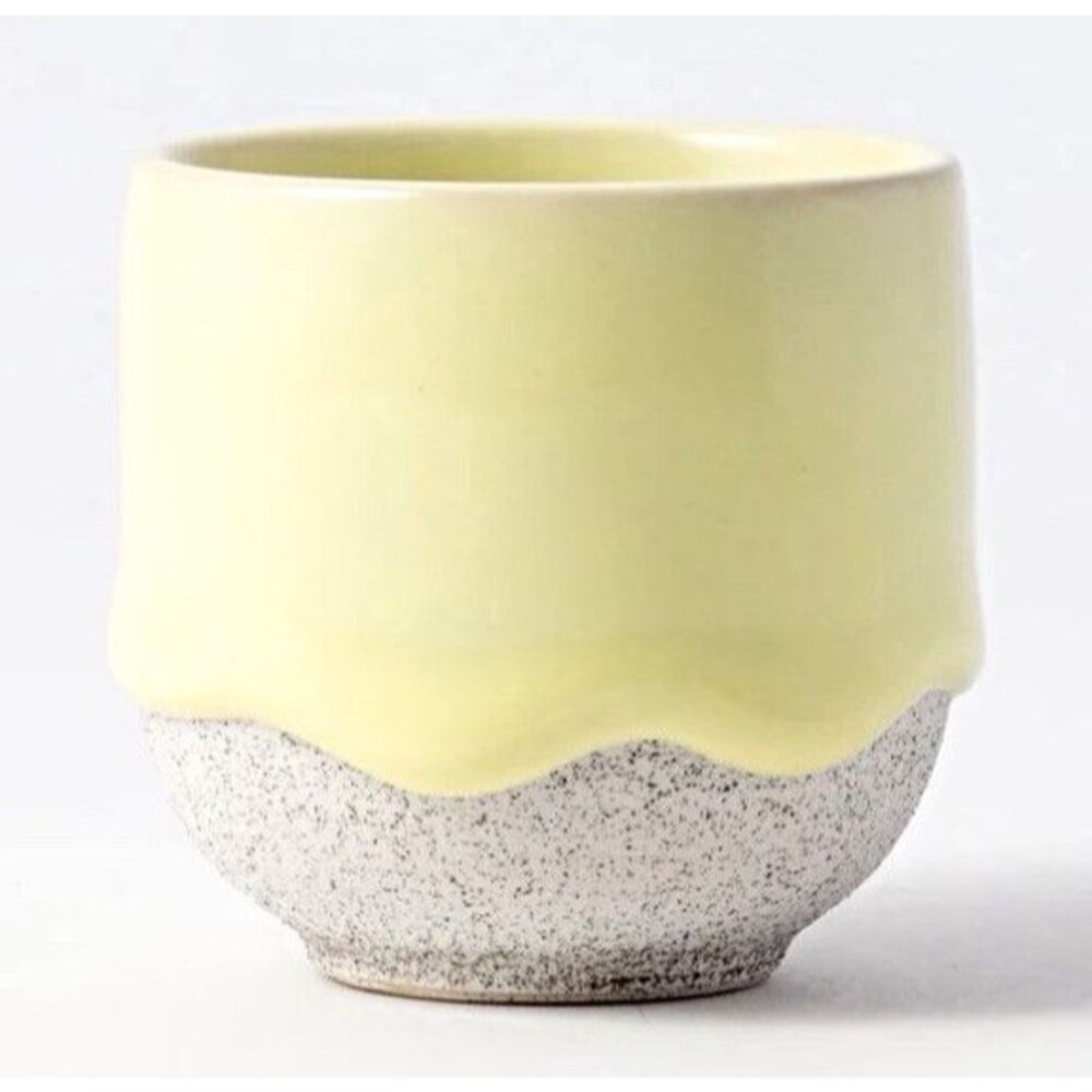 Unmarked Ceramic Espresso Cup Yellow/White Glossy Drip Glaze 3.5 oz 2.75"